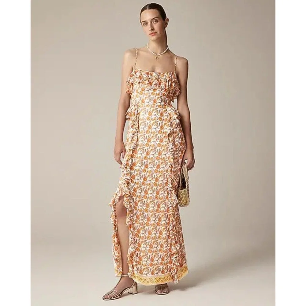 J.Crew Collection Sunset Rose Floral Cascading Ruffle Maxi Dress Size 6